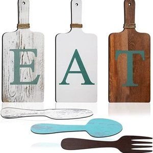 6Pcs Rustic Cutting Board Eat Sign with 10Pcs Hardwall Hangers,  Hanging